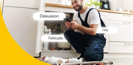 Installateur bei der Arbeit. Um ihn herum die Begriffe Diskussion, FAQ und Fallstudie