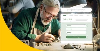 Älterer Juwelier, der gerade an einem Schmuckstück arbeitet. Neben ihm seine Website mit einem Quiz als Website Inhalt darauf