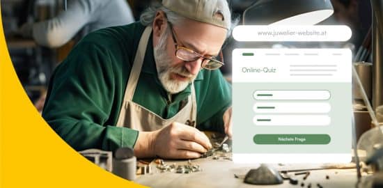 Älterer Juwelier, der gerade an einem Schmuckstück arbeitet. Neben ihm seine Website mit einem Quiz als Website Inhalt darauf