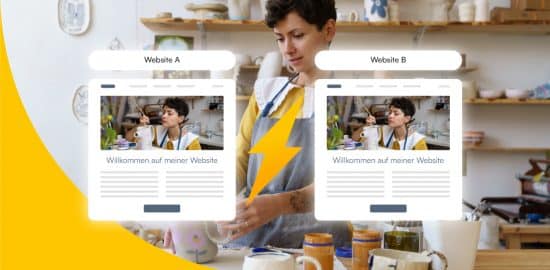 Tonkünstlerin bei der Arbeit. Vor ihr sieht man zwei exakt gleiche Websites mit einem Blitz dazwischen.
