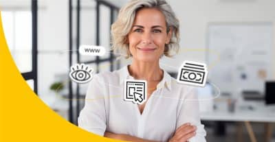 Frau in Büro. Um sie herum ein Augensymbol und der Schriftzug "www".