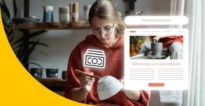Tonkünstlerin, die eine Tasse bemalt. Neben ihr ihre Website und ein Website-Kosten-Symbol.
