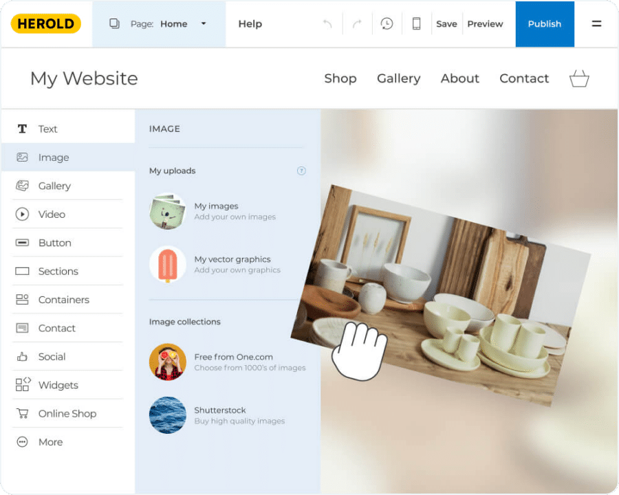Bild, das die Drag & Drop Funktion des Website Baukastens zeigt.