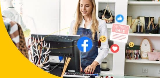 Inhaberin eines Modegeschäfts vor ihrem PC, neben ihr Social Media Icons und eine Facebook Werbeanzeige