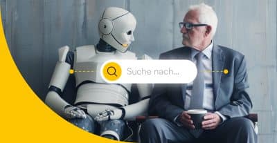 Mensch und Roboter, vereint durch eine Google Suchleiste