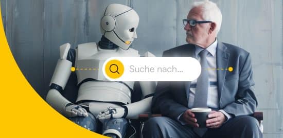 Mensch und Roboter, vereint durch eine Google Suchleiste