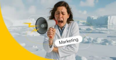 Verzweifelte Ärztin in einer Eiswüste, neben ihr das Wort Marketing