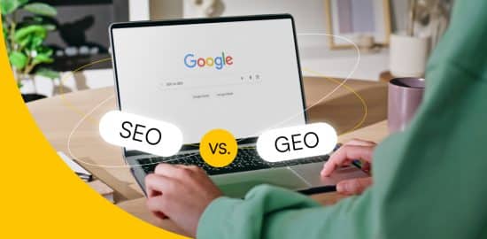 Frau am PC, davor der Schriftzug "SEO vs. GEO"