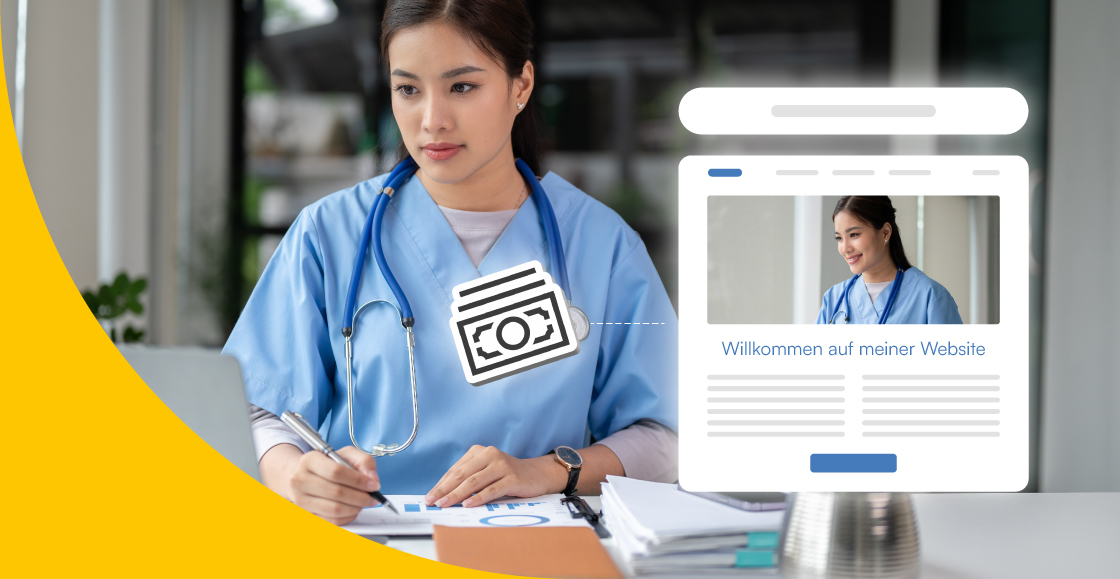 Ärztin vorm Laptop, man sieht ihre Arztpraxis Website